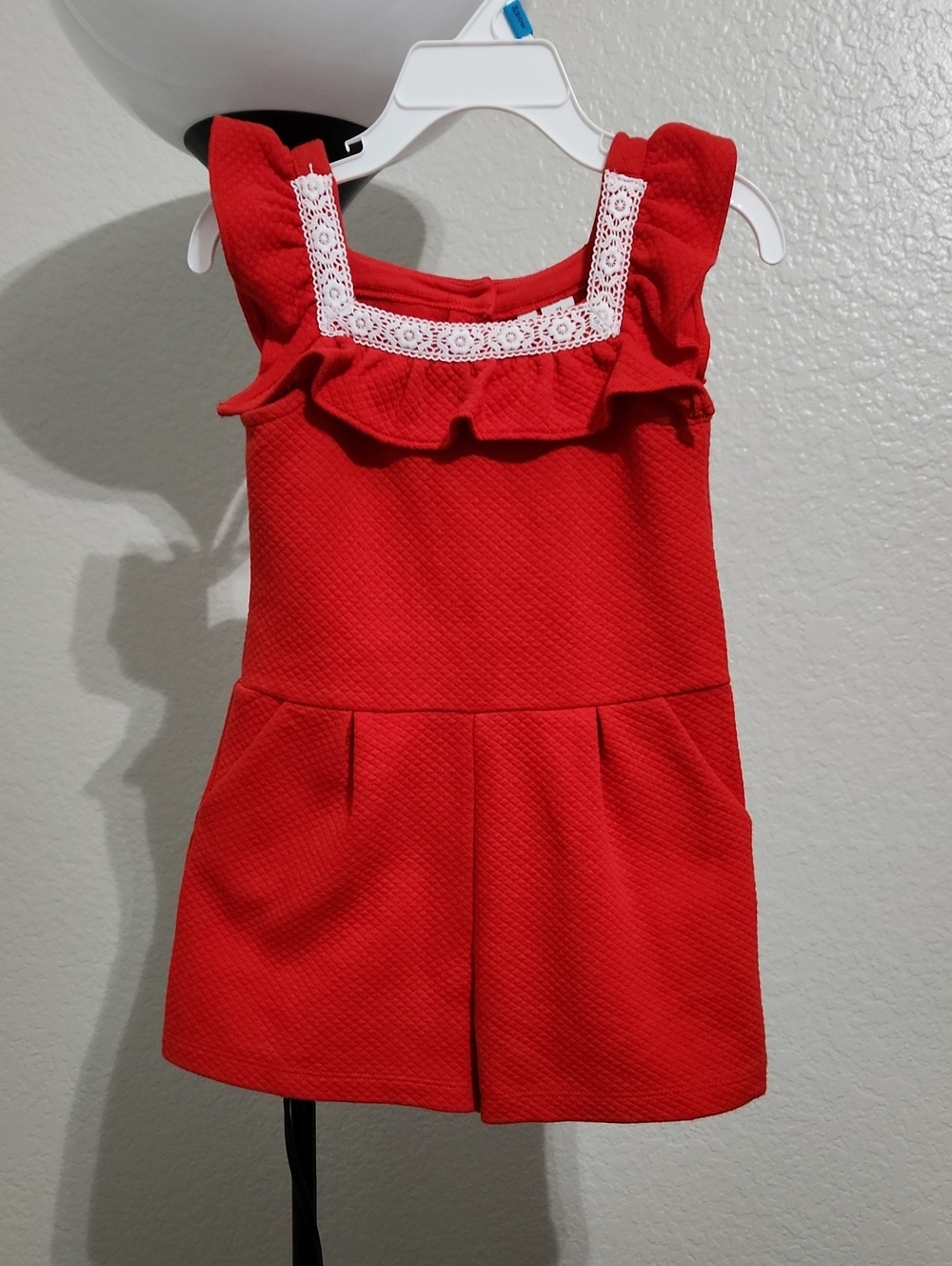 Janie and Jack Toddler Girl's Red Ruffle Romper with White Lace Trim: Size 2T